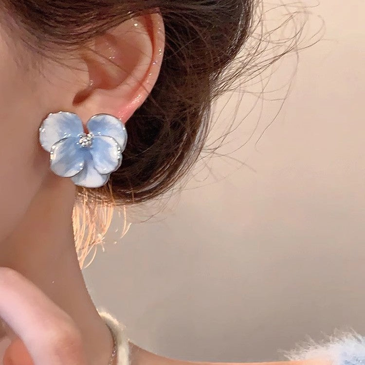 Vintage Blue Enamel Floral Stud Earrings with 3D Petal Design