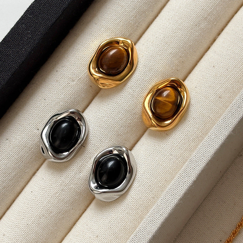Minimalist Tiger Eye Stud Earrings and Necklace Set in 925 Sterling Silver with Gold Plating