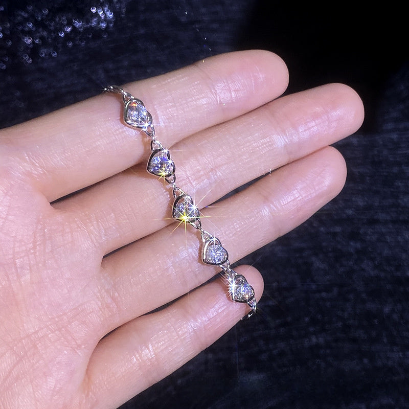 Bracelet Sterling Silver Heart-Shaped Moissanite Link Chain Bracelet with Sparkling Stones