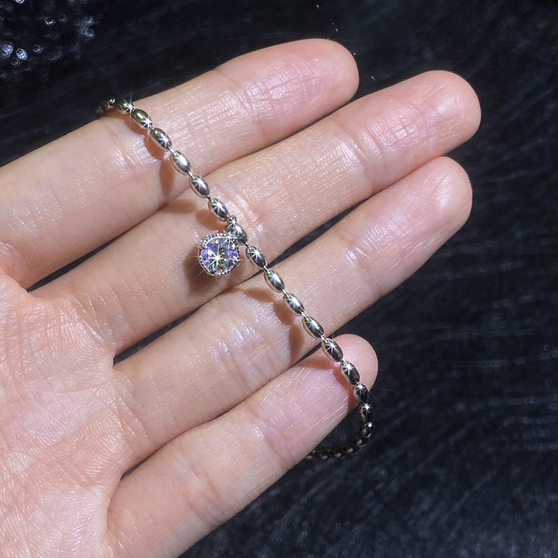 Bracelet Minimalist Sterling Silver Rice Bead Chain with Solitaire Moissanite Stone Charm