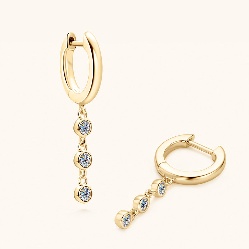 Earrings Elegant Moissanite Tassel Drop Hoop Earrings with Triple Stone Dangle Design