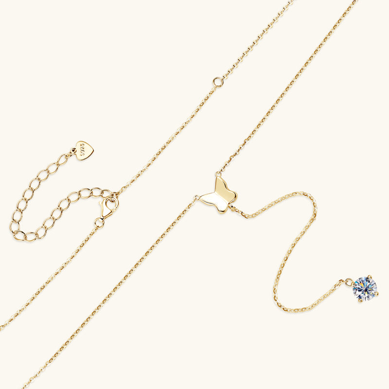 Necklace Elegant Butterfly Moissanite Y-Drop Pendant Sterling Silver Long Chain