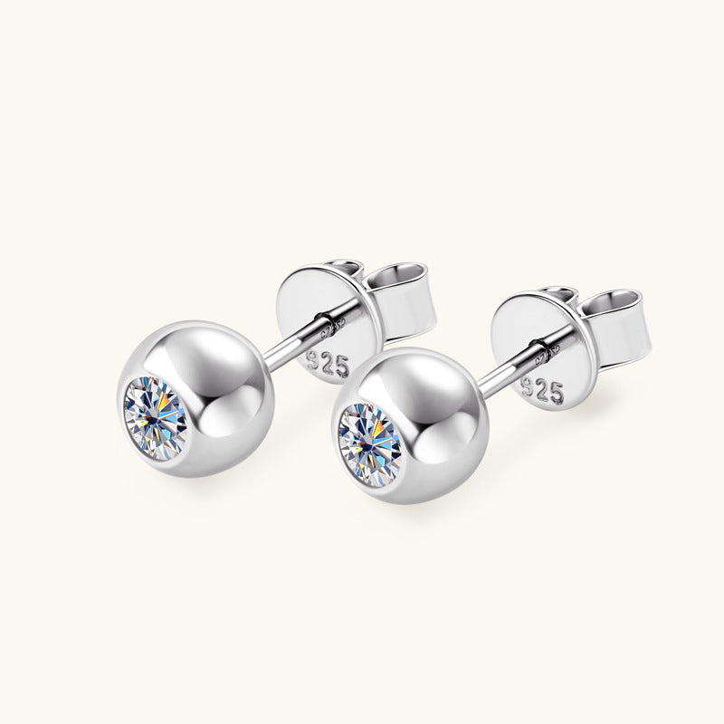 Earrings Minimalist Round Ball Stud Earrings with Moissanite Center Stone in Sterling Silver