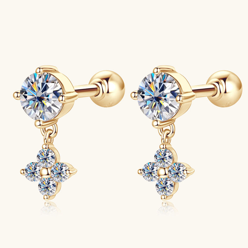 Earrings 10K Yellow Gold Moissanite Drop Earrings with Four Leaf Clover Design