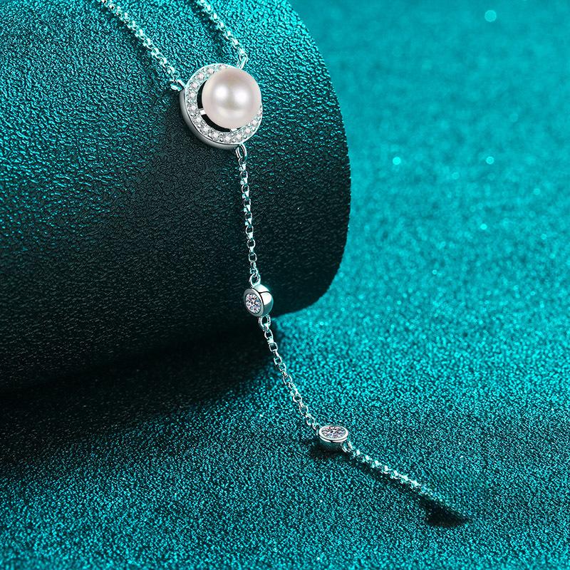 Necklace with 67-Point Moissanite and 8mm Freshwater Pearl Pendant on 24-Inch Silver Chain