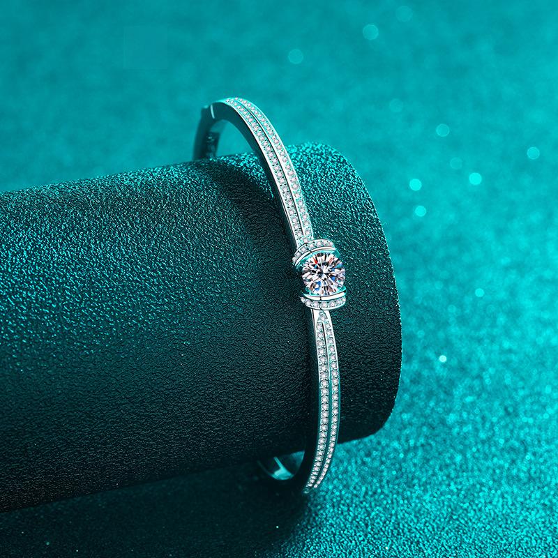 Bracelet with Double Row Full-Cut Moissanite Stones in Platinum-Plated 925 Sterling Silver, Minimalist High-End Design