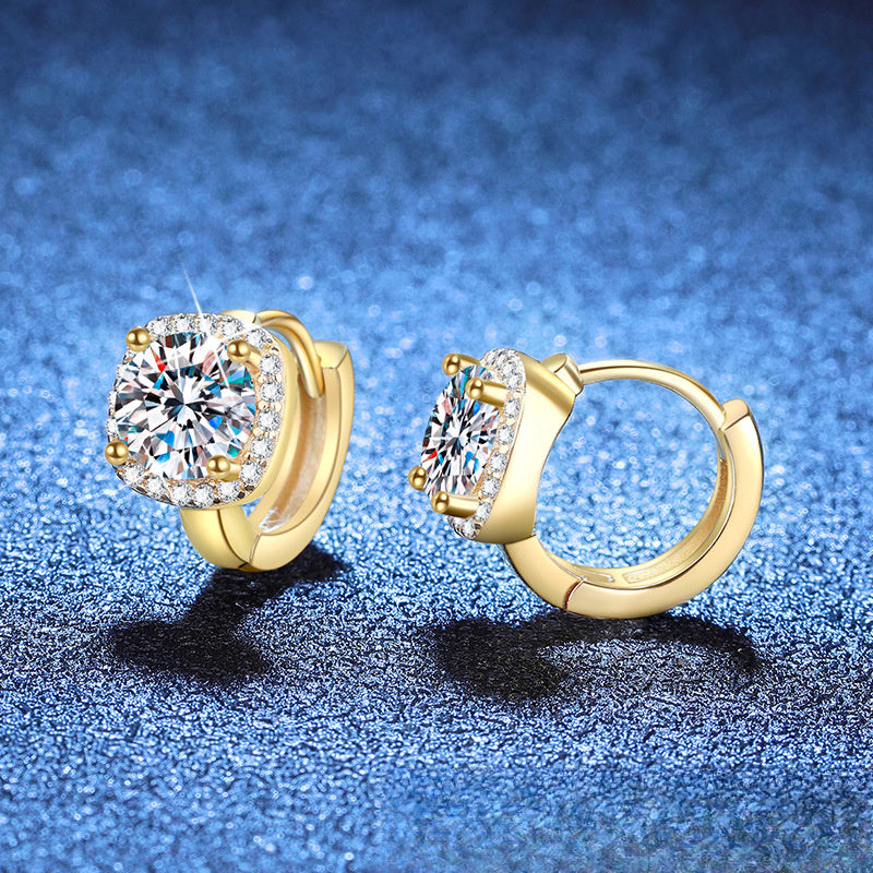 Elegant Sterling Silver Moissanite Hoop Earrings with Cushion Cut Halo Design