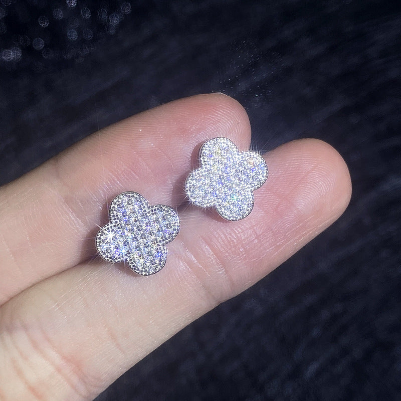 Earrings Sterling Silver Four Leaf Clover Stud Earrings with Full Pave Moissanite Stones