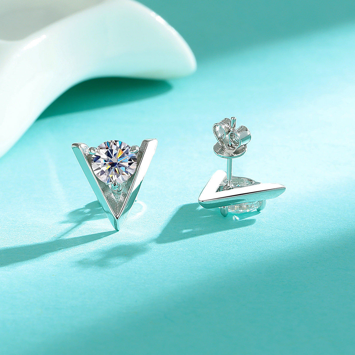 Earrings - Sterling Silver Triangle Moissanite Stud Earrings Geometric Minimalist Design