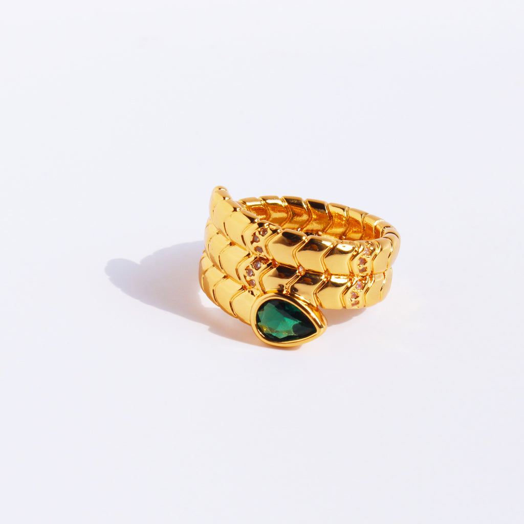 Green and Burgundy Snake Design Ring with Emerald Cut Gemstones
