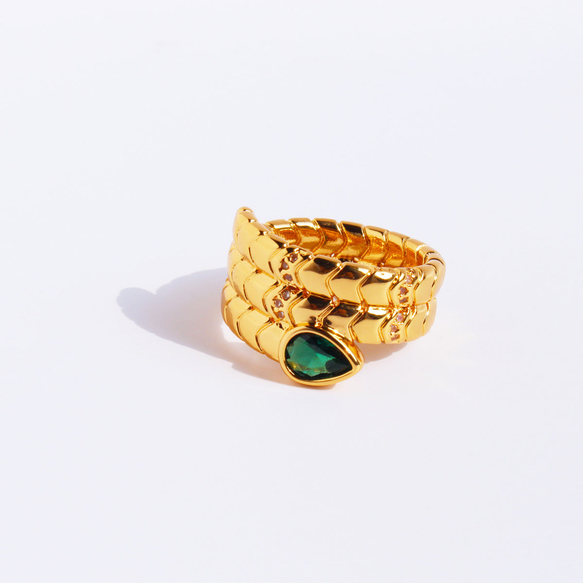 Green and Burgundy Snake Design Ring with Emerald Cut Gemstones