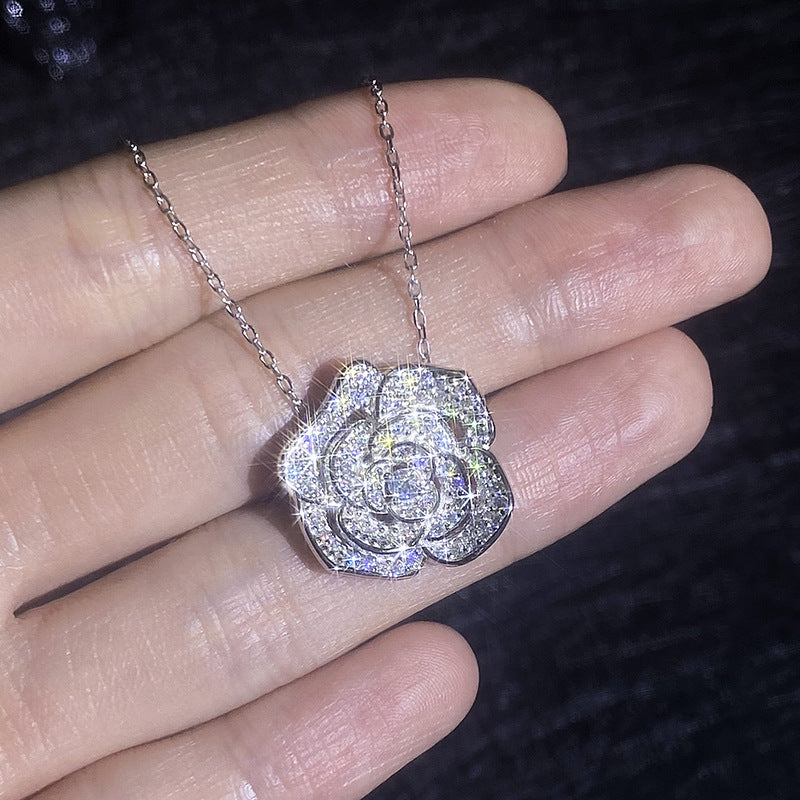 Necklace Sterling Silver Camellia Flower Pendant with Full Pave Moissanite Stones Elegant Collarbone Chain