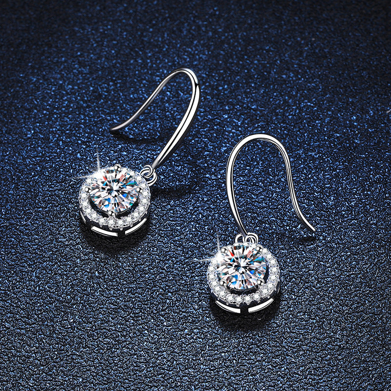 Elegant Sterling Silver Halo Drop Earrings with Round Moissanite Stone and Hook Closure