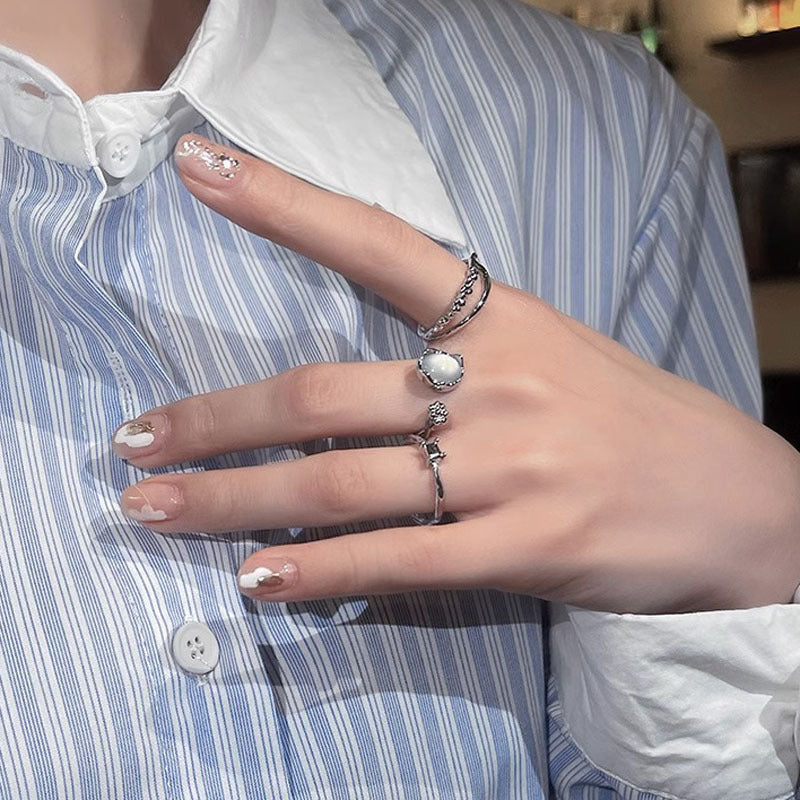 Geometric Cat's Eye Stone Ring Set for Women - Minimalist Stackable Adjustable Open Rings