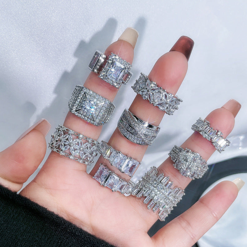 French Luxury Open Ring with Full Pavé Zircon Stones for Women - Geometric Style Statement Piece