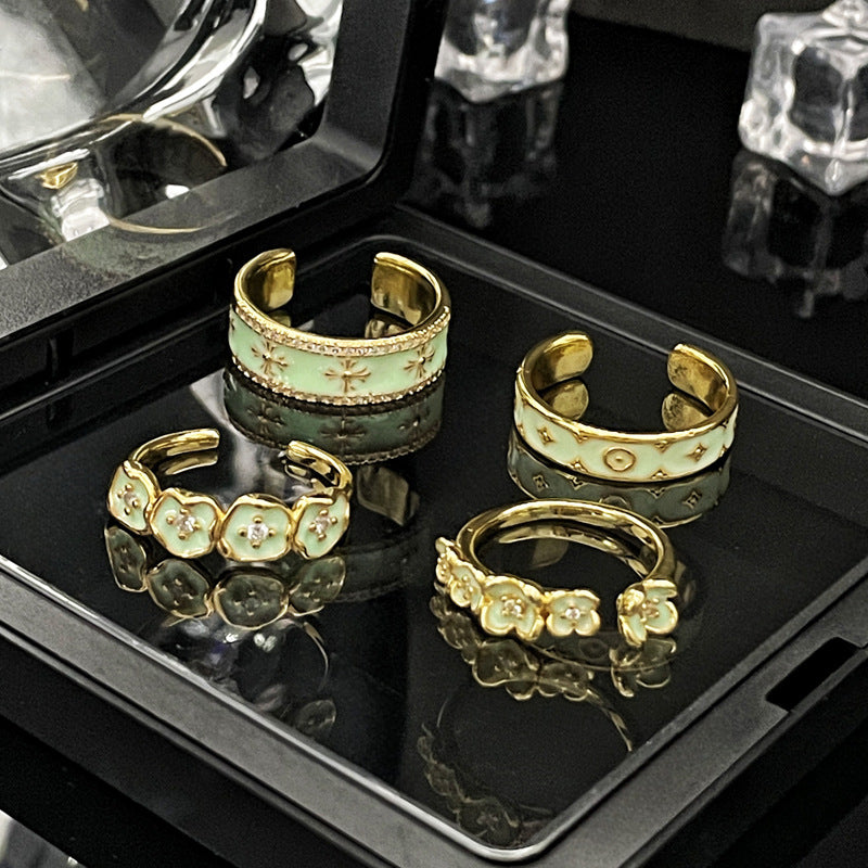 Geometric Mint Green Floral Open Ring with Zircon Accents - French Light Luxury Style