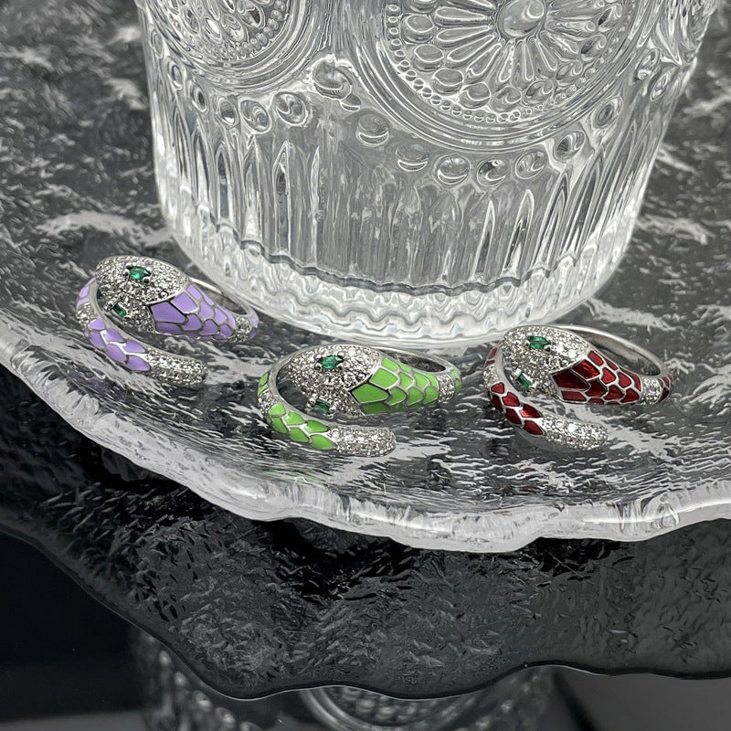 Snake Head Green Diamond Enamel Punk Ring - Unisex Geometric Statement Jewelry