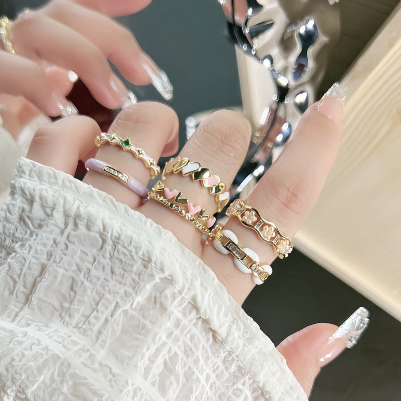 Enamel Drip Heart Ring - Elegant Palace Style Adjustable Geometric Statement Finger Ring for Women