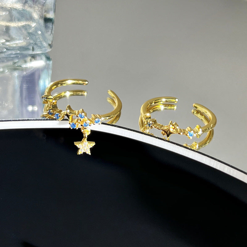 Star Drop Blue Tassel Open Ring - Geometric Asymmetrical Design with Zircon Accents