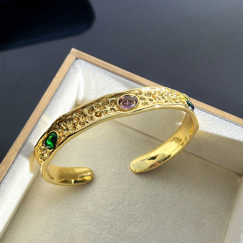 Vintage Textured Gemstone Inlaid Wide Cuff Bracelet - Elegant and Edgy Fashion Statement