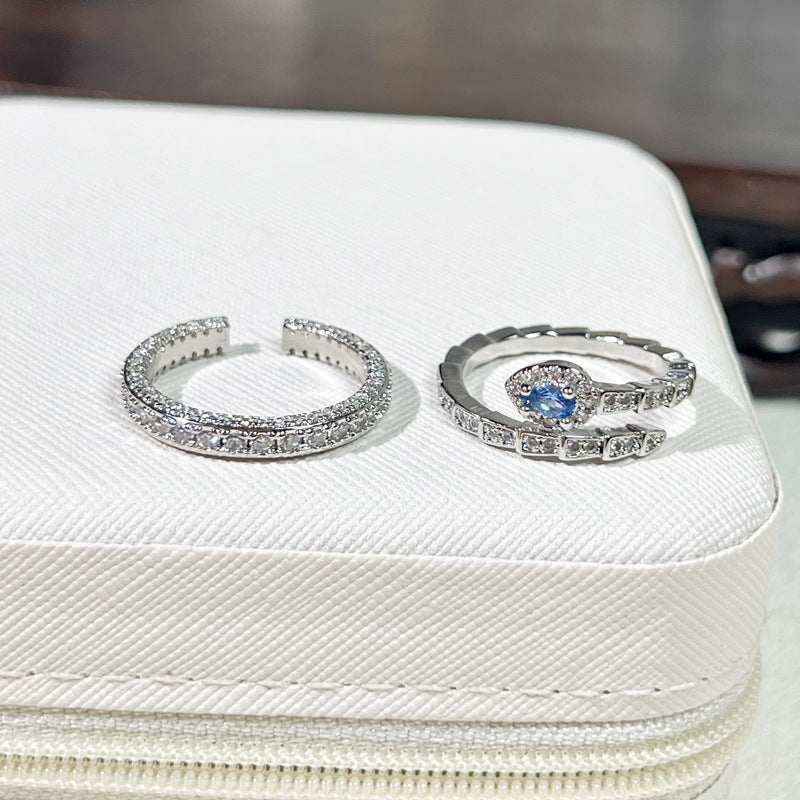 Snake-Inspired Blue Zircon Adjustable Open Ring for Women - Minimalist Geometric Design