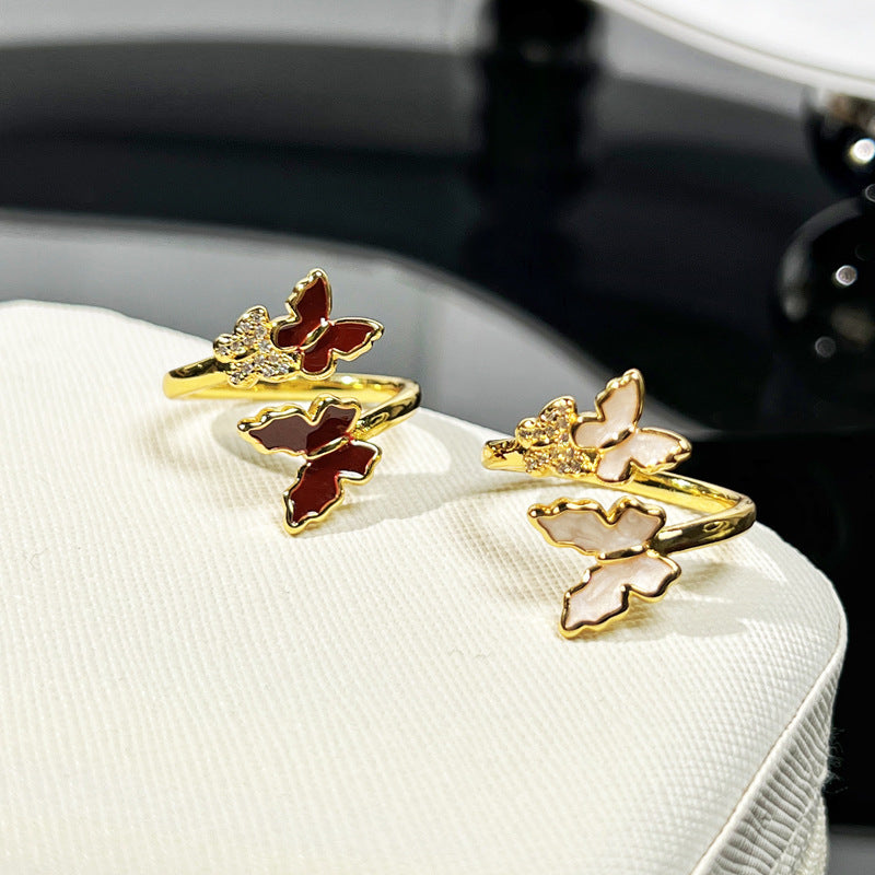 Butterfly Enamel Ring for Women - Sweet and Edgy Geometric Open Ring with Dual Butterfly Design
