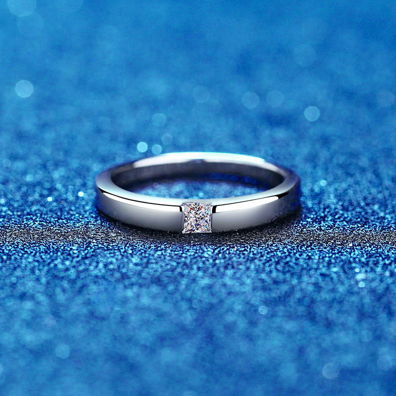 Ring Sterling Silver Princess Cut Moissanite Unisex Minimalist Band