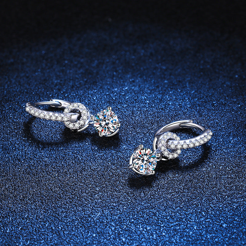 Earrings Sterling Silver Moissanite Drop Hoop Earrings with Circular Pave Design