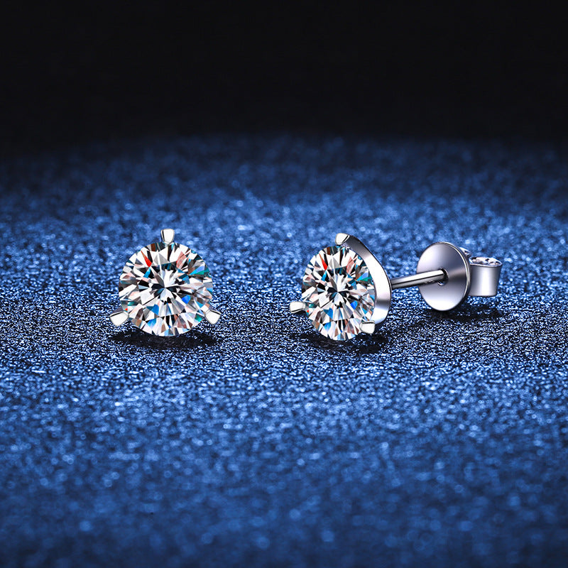 Earrings Sterling Silver Three Prong Moissanite Stud Earrings with Platinum Plating Unisex Design