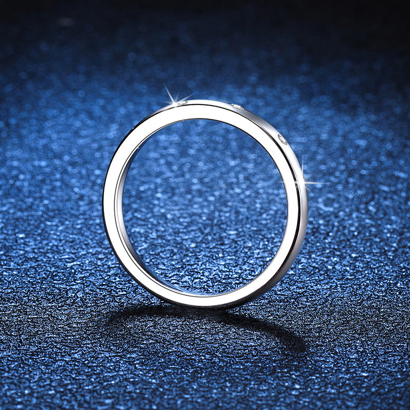 Ring Sterling Silver Three Stone Moissanite Band with Platinum Plating Minimalist Design