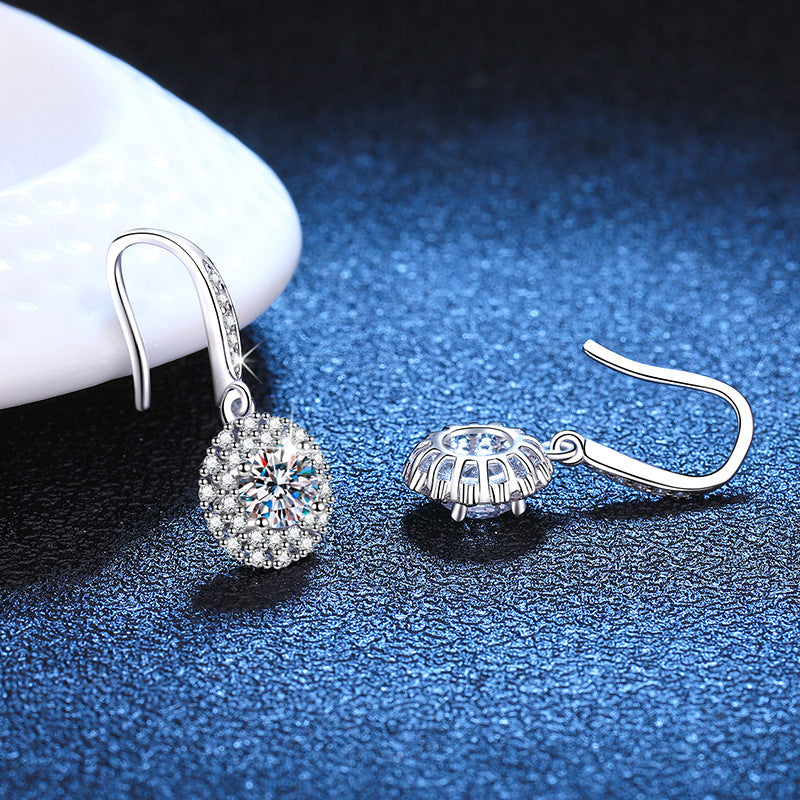 Earrings Sterling Silver Platinum Plated Moissanite Halo Drop Earrings with Brilliant D Color Stones