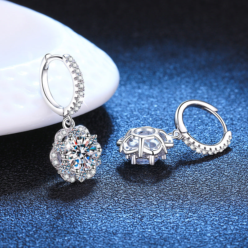 Earrings Sterling Silver Moissanite Rose Flower Halo Drop Earrings with Brilliant Cut Stones