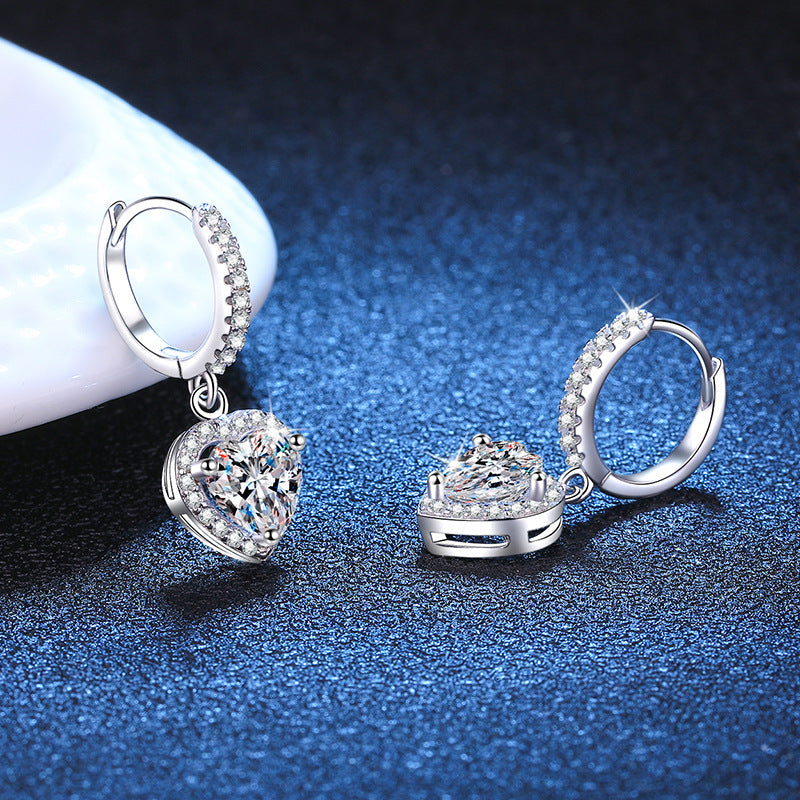 Earrings Sterling Silver Heart-Shaped Moissanite Drop Earrings with Platinum Plating and Halo Design