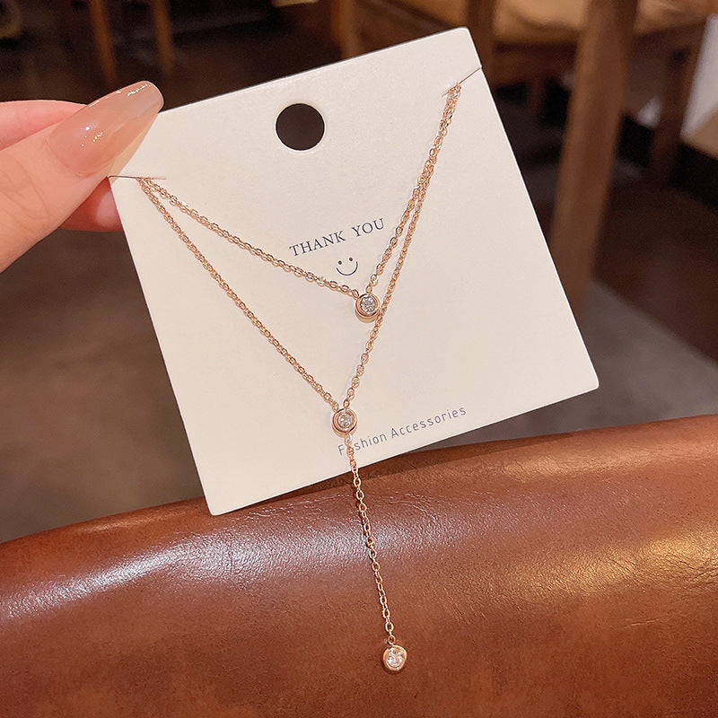 Layered Titanium Steel Necklace with Geometric Zirconia Pendant in Rose Gold