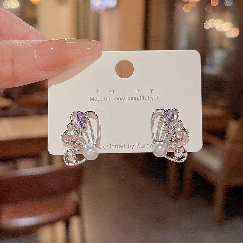 Butterfly Pearl Stud Earrings with Colorful Zirconia and S925 Silver Needles