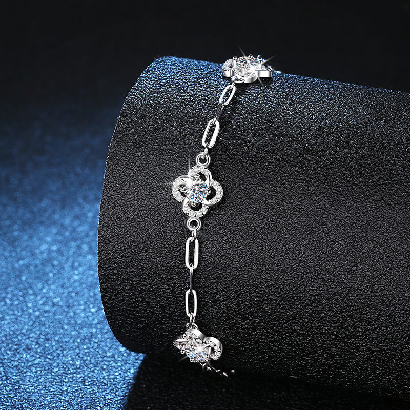 Bracelet Sterling Silver Four Leaf Clover Moissanite Diamond Chain Bracelet for Women