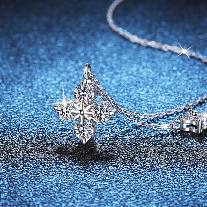 Necklace Sterling Silver Four Leaf Clover Pendant with Moissanite Stones Delicate Collarbone Chain