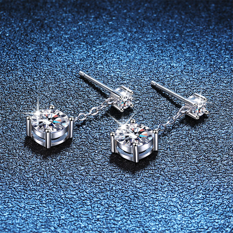 Earrings Sterling Silver Moissanite Drop Earrings with Four-Prong Setting and Delicate Chain Design
