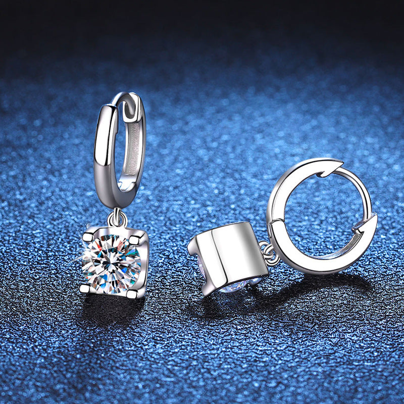 Earrings Sterling Silver Moissanite Drop Hoop Earrings with Four-Prong Setting