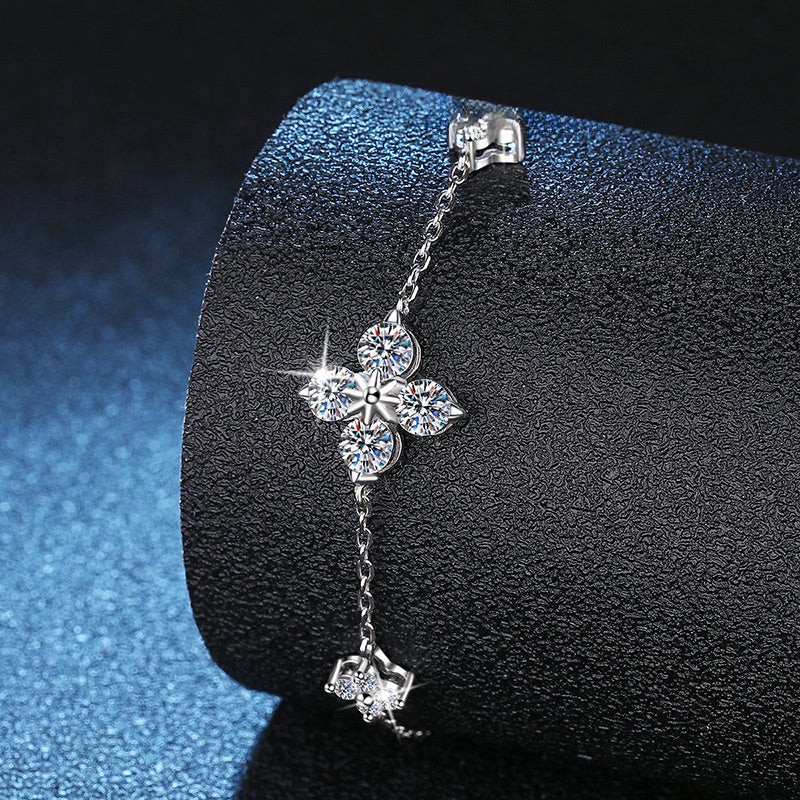 Bracelet Sterling Silver Four Leaf Clover Lucky Charm with Moissanite Stones Adjustable Chain