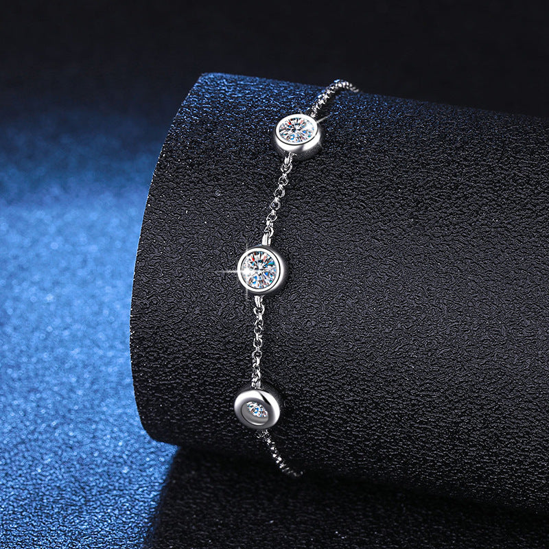 Bracelet Sterling Silver Moissanite Chain with Three Round Bezel Set Stones Adjustable Slider Clasp