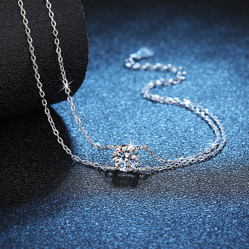 Bracelet Double Layer Four Prong Moissanite Sterling Silver Chain Bracelet with Brilliant Cut Stone