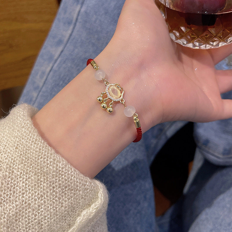 Vintage Chinese Style Cat's Eye Stone Adjustable Bracelet with Peace Lock Design
