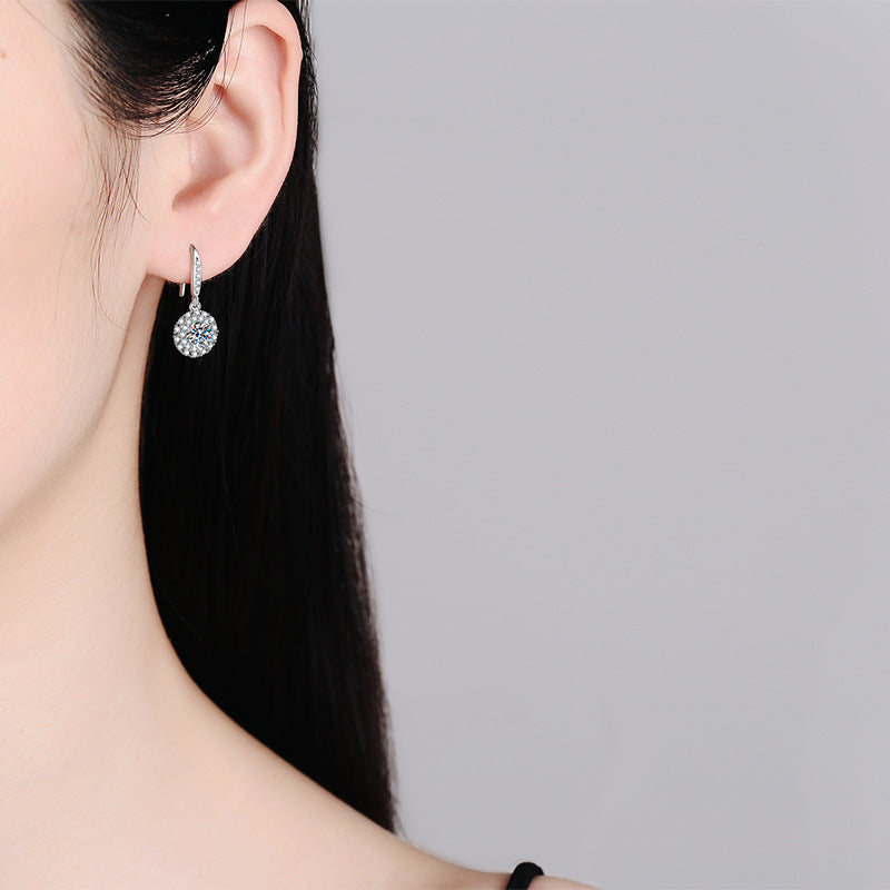 Earrings Sterling Silver Platinum Plated Moissanite Halo Drop Earrings with Brilliant D Color Stones