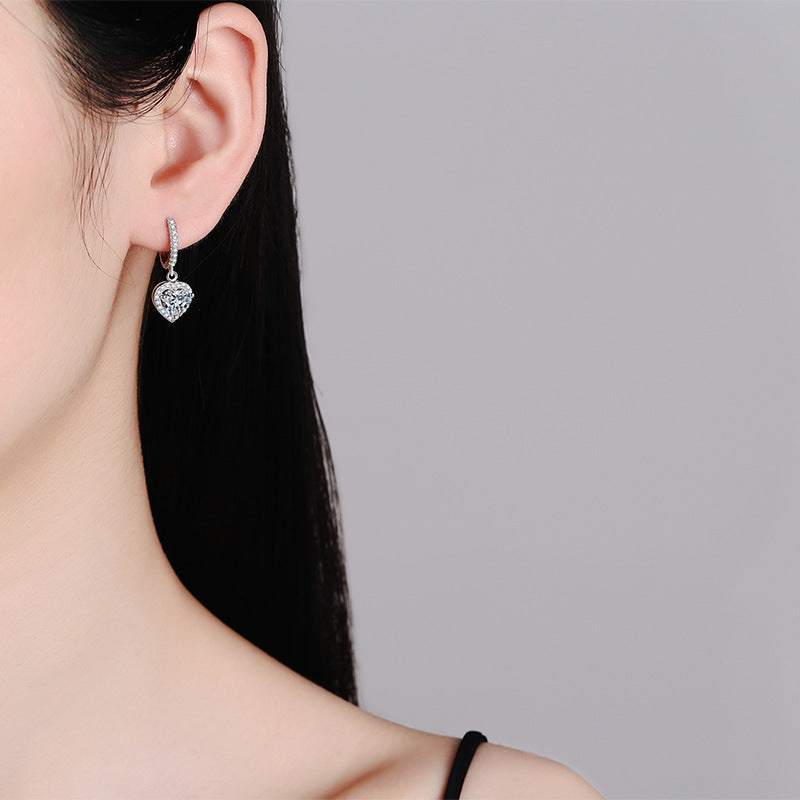 Earrings Sterling Silver Heart-Shaped Moissanite Drop Earrings with Platinum Plating and Halo Design