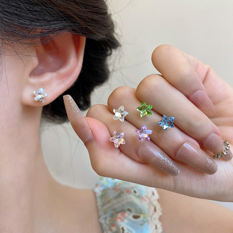 Minimalist Star Stud Earrings with Green Zirconia for Women, Small and Dainty Design