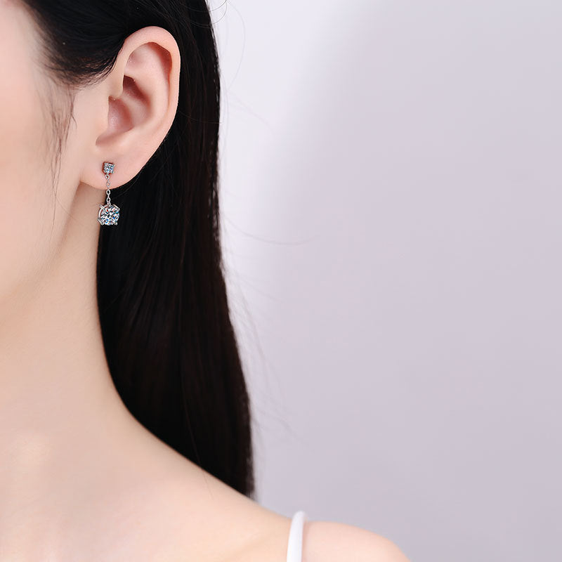 Earrings Sterling Silver Moissanite Drop Earrings with Four-Prong Setting and Delicate Chain Design