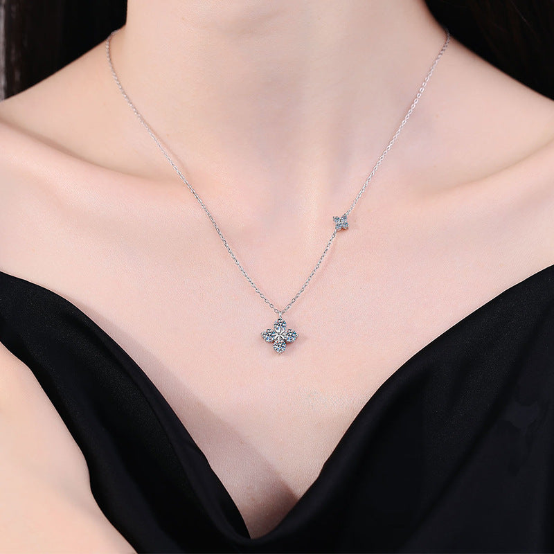 Necklace Sterling Silver Four Leaf Clover Pendant with Moissanite Stones Delicate Collarbone Chain