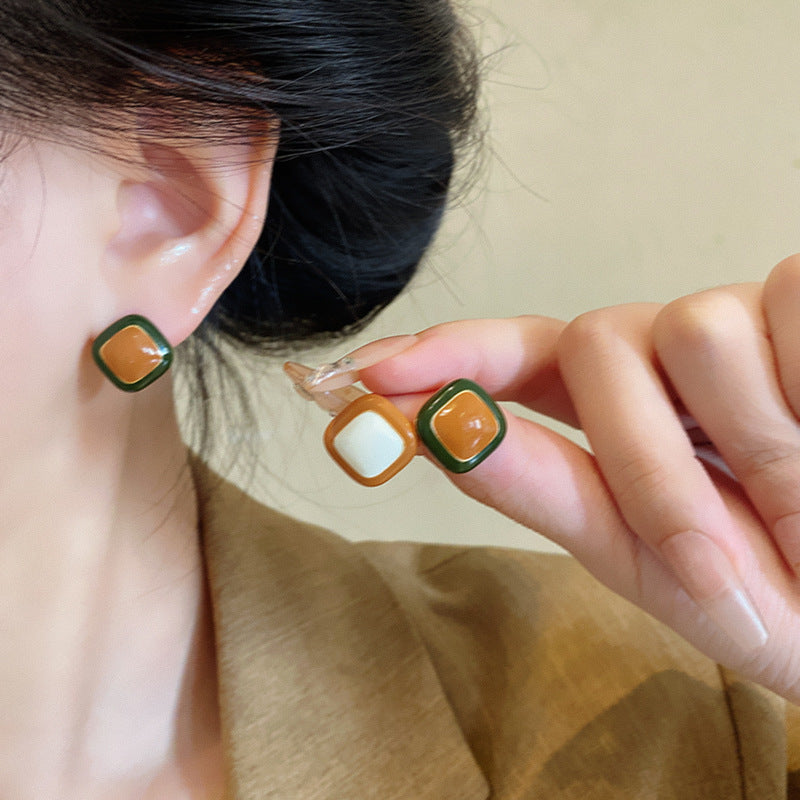 Geometric Square Drop Earrings for Women in Retro Two-Tone Design