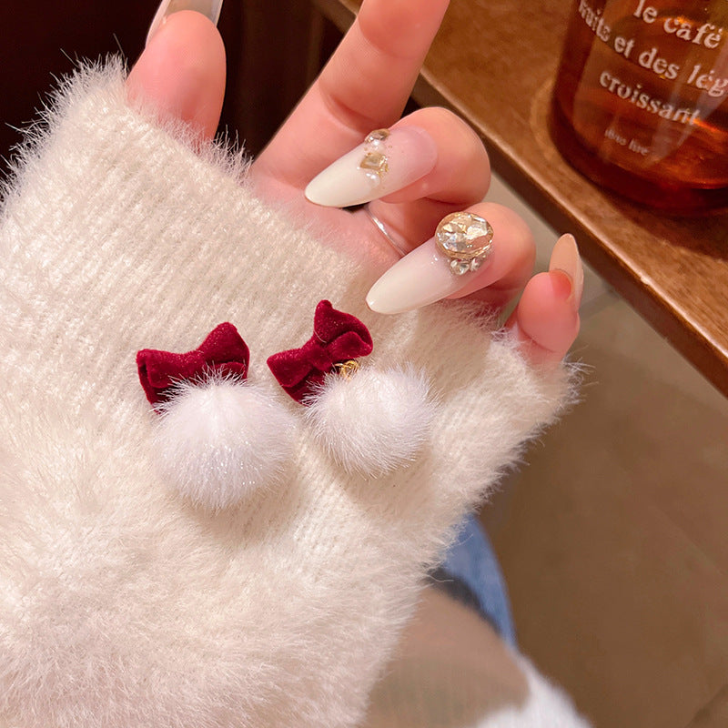 Festive Red Velvet Bow Drop Earrings with Fluffy Pom-Poms for Women
